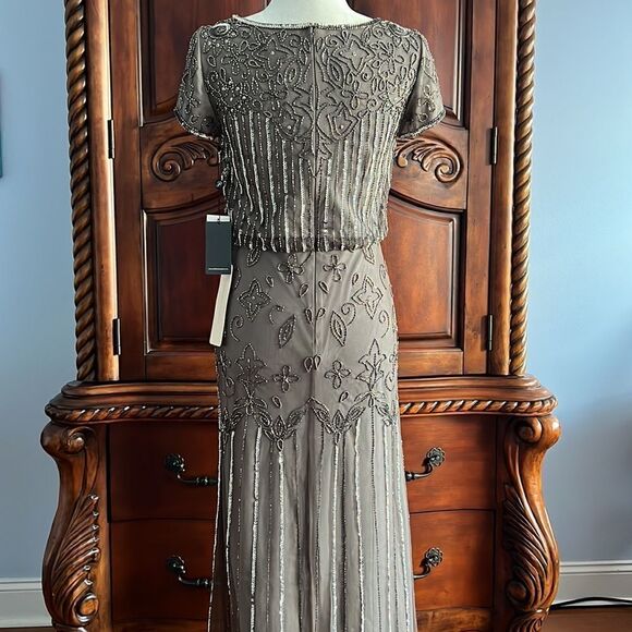 Adrianna Papell short sleeve blouson beaded gown in Lead- size 2 NWT - Picture 8 of 13